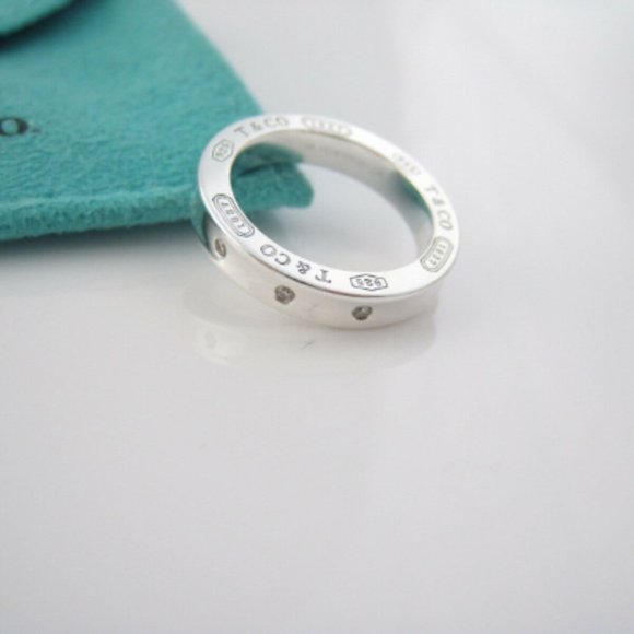 LK NEW! Magnificent Tiffany & Co. 1837 Silver Three 3 Diamond Circle Ring - Sz 5 - Picture 2 of 4